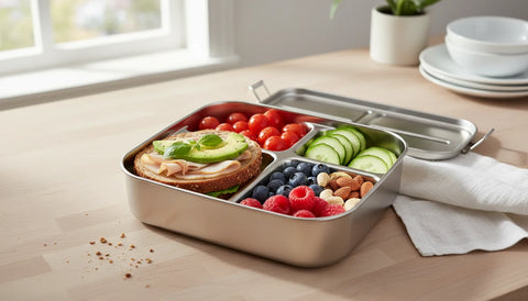 Åben Bento madkasse i rustfrit stål med ruminddeling, fyldt med sandwich, grøntsager og bær