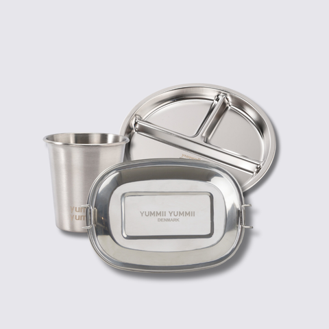 Julegavesæt til Børn - Tallerkener, kopper & madkasse i rustfrit stål