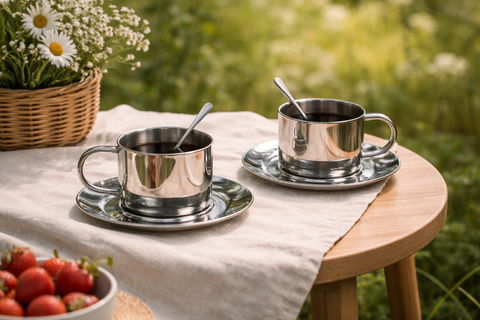 Kop- og Tallerkensæt i Rustfrit Stål