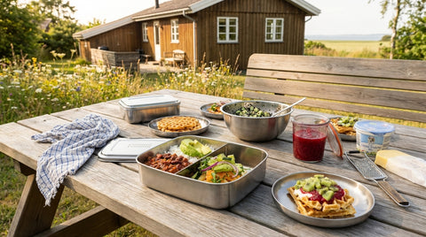 Madkasser og skåle i rustfrit stål med frokost på et træbord i haven
